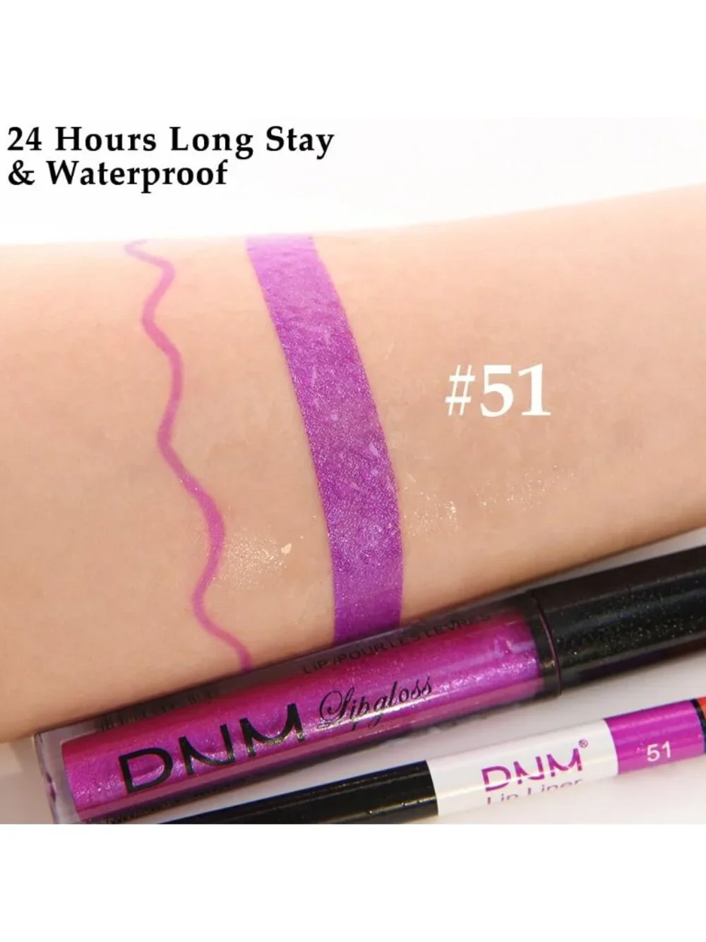 DNM 51# Purple Glitter 2Pcs 24H Long-Lasting Matte Liquid Lipstick and Lip Liner